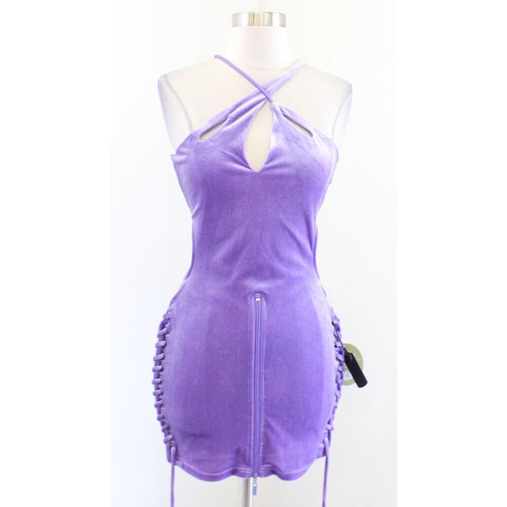 NWT BBxBrand Purple Velvet Cutout Lace Up Detail Mini Party Club Dress Size M